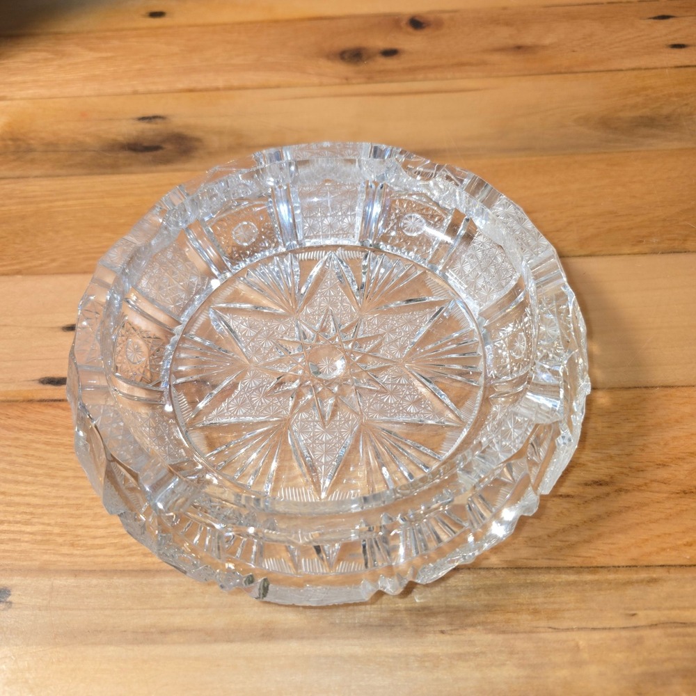 Vintage Cut Glass Faucet Round Ashtray Starburst Diamond Pattern Clear 6.5 Heavy